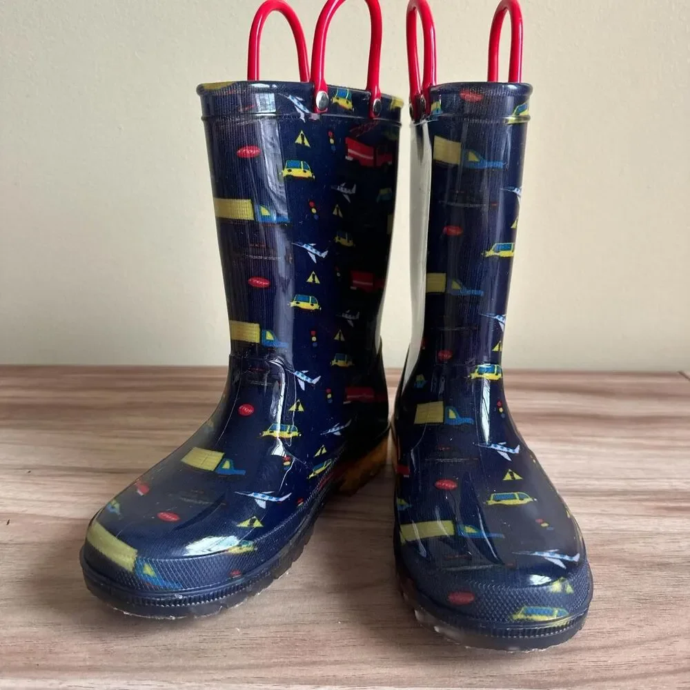EUXTERPA kids boys vehicle Light-Up LED Rain Boots Cars Waterproof US13